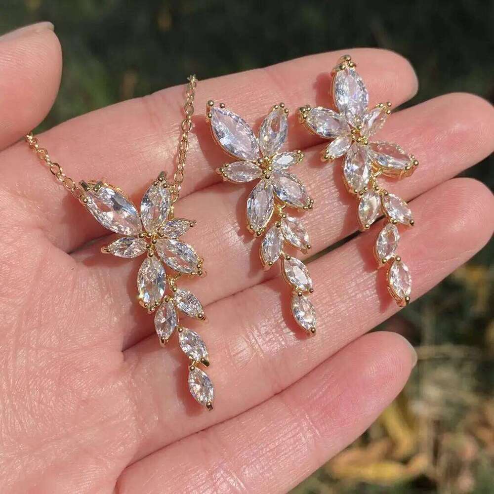ZAKOL Brand Classic AAA Zircon Leaf Tassel Earring Necklace Sets With Box Exquisite Anniversary Birthday Wedding Jewelry Gift