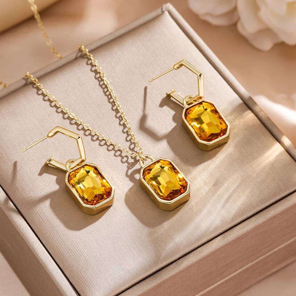 ZAKOL Colorful Big Square Crystal Zircon Pendant Earring Necklaces Elegant Retro Gold Color Chain Women's Party Jewelry Set Gift