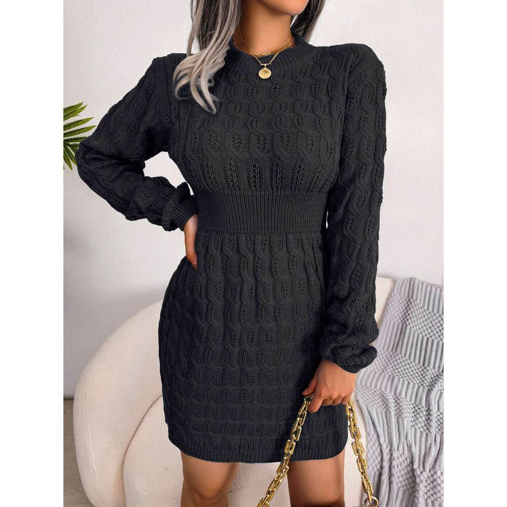 Autumn Winter European American Casual Braided Waist-Hugging Bodycon Base Sweater Dress Amazon Cross-Border Women's Fashion