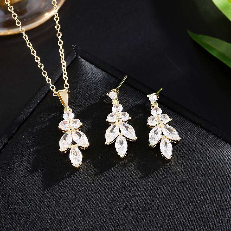ZAKOL Classic Marique Leaf AAA Zircon Earrings Necklace Wedding Set With Pink Box Birthday Christmas Jewelry Gift