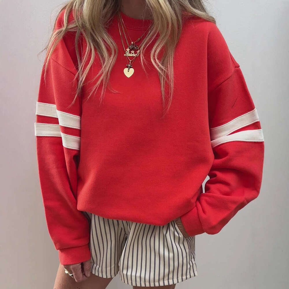 Autumn Winter New Loose Lazy Style Drop Shoulder Round Neck Sweatshirt for Women European American Fashion Striped Color Block Long Sleeve T-Shirt