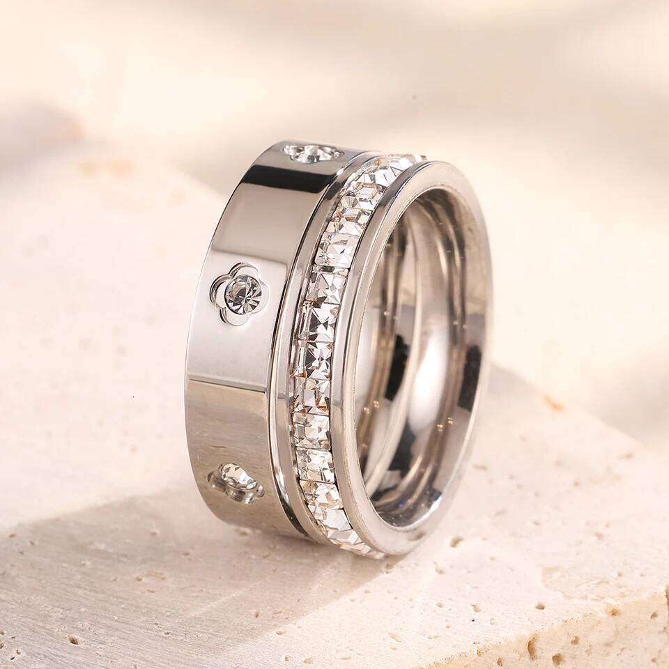 ZAKOL 316L Stainless Steel Multi Layered Finger Rings Shiny CZ Zircon Inlaid Stackable Ring Set Fashion Jewelry Gift for Women