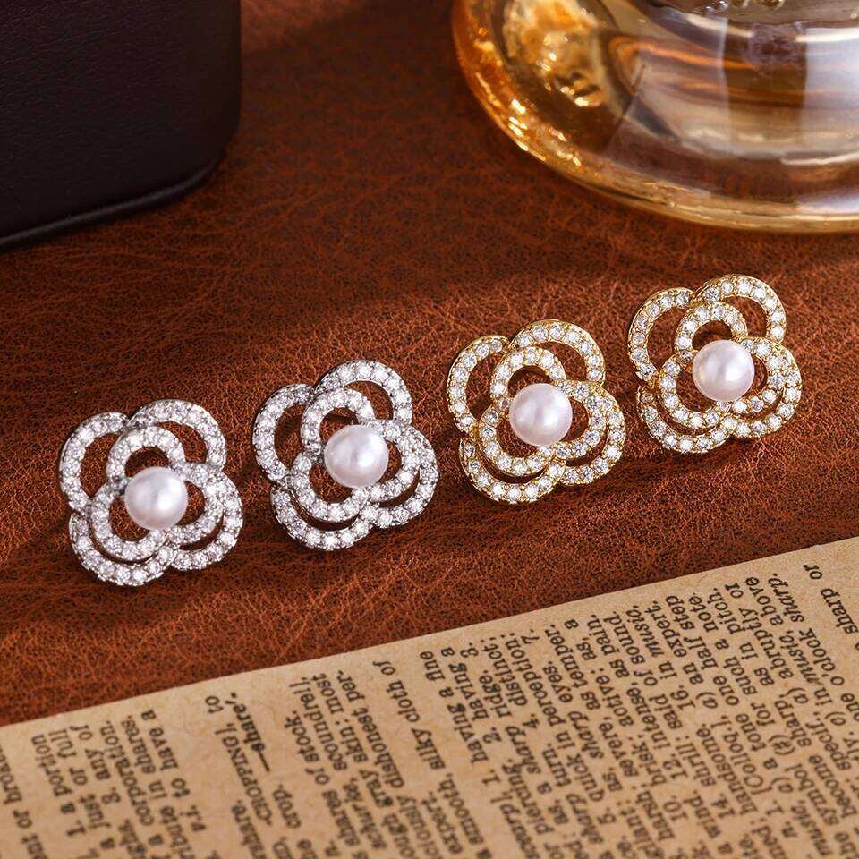 ZAKOL New Korean Fashion Buling CZ Round Pearl Stud Earring for Women Exquisite Camellia Flower Earrings Wedding Party Jewelry