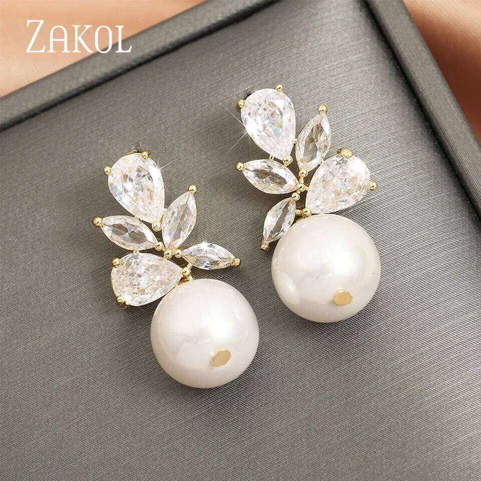 ZAKOL Unique Design Shiny Zirconia Imitation Pearl Drop Earrings Fashion Romantic Wedding Party Earring Jewelry for Women Bridal