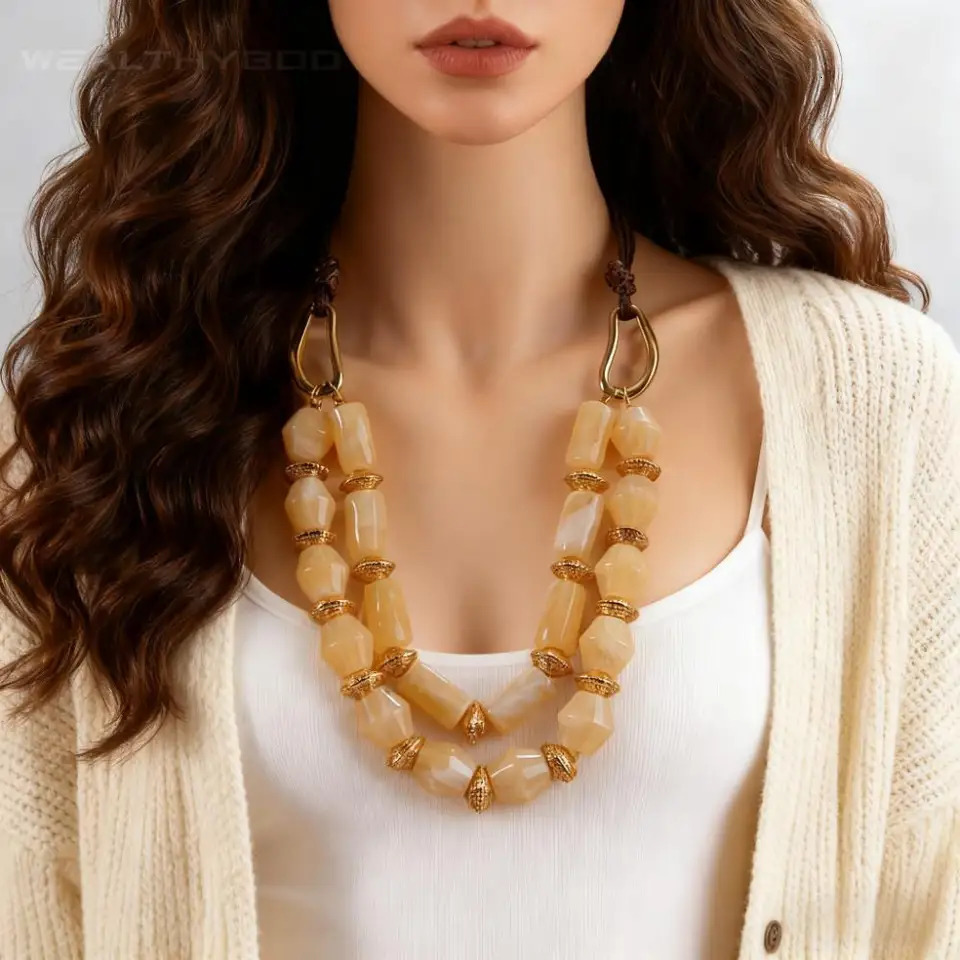 Womens Vintage Boho Retro Resin Beads Ball Necklace with Rope Versatile Chain Accessory for Daily Neck Sweaters 251223