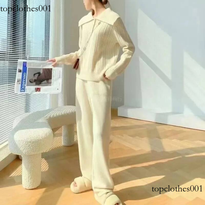Polo Neck Sweater+Elastic Waist Wide Leg Pants Two Piece Outfits Casual Lounge Autumn Winter Women's Knit Set