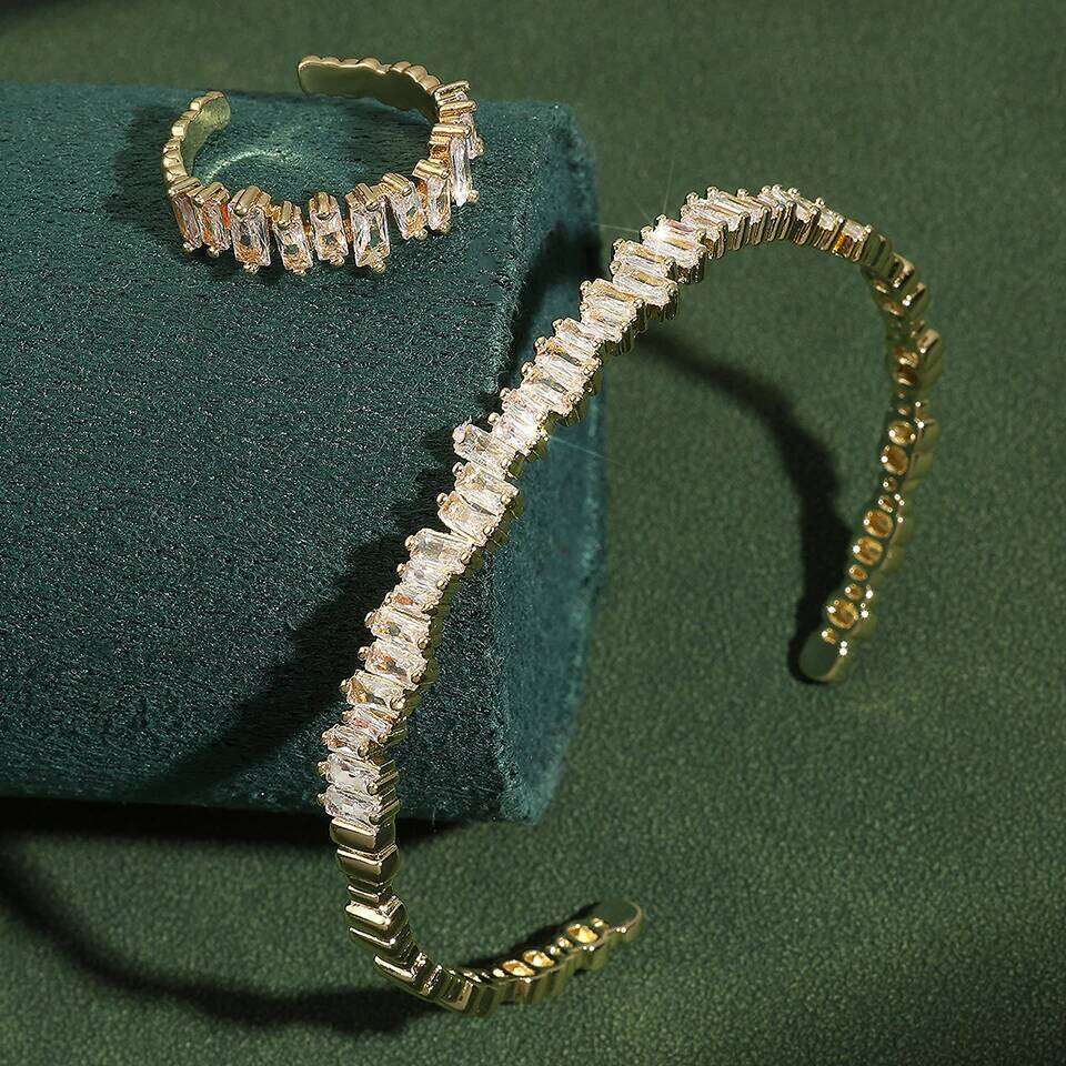 ZAKOL Fashion Adjustable Open Bangle Ring Wedding Jewelry Sets for Women Elegant Shiny AAA Cubic Zirconia Accessories Gift