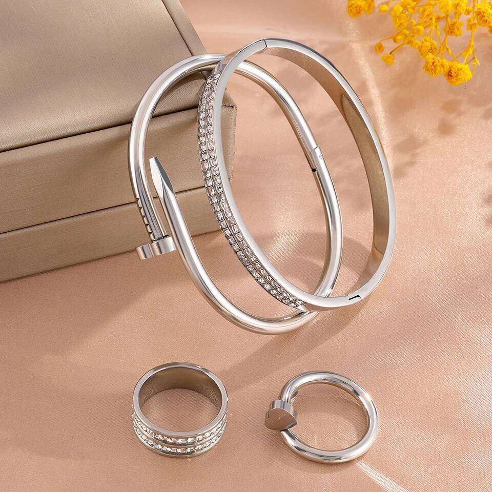 ZAKOL 4 Piece Stainless Steel Bracelet Set Sparkling Rhinestone Studded Heart Waterproof Stackable Jewelry Christmas Gift