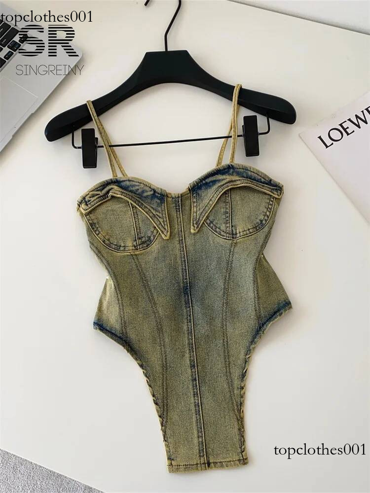 SINGREINY Ladies Sexy Denim Camisole Summer Slim Backless American Fashion Tank Vintage Distressed Streetwear Lingerie Top