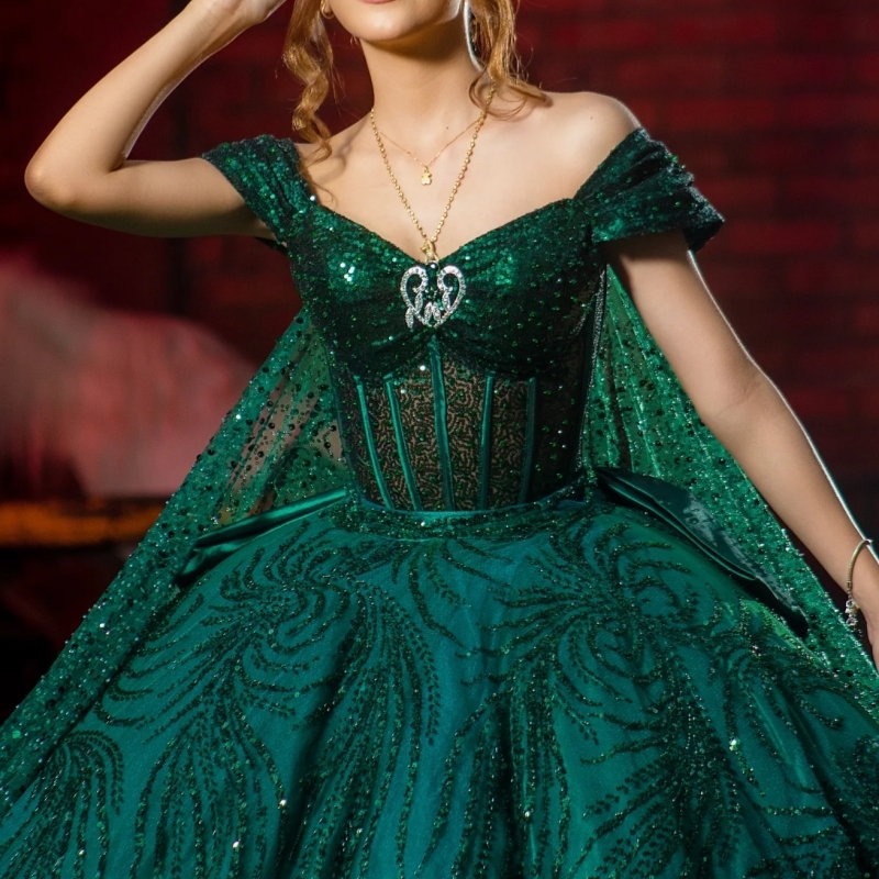 Dark Green Shiny Quinceanera Dresses Ball Gown Off The Shoulder Beading Crystal With Cape Corset Party Birthday Sweet 16 Dres Vestidos 15 Anos
