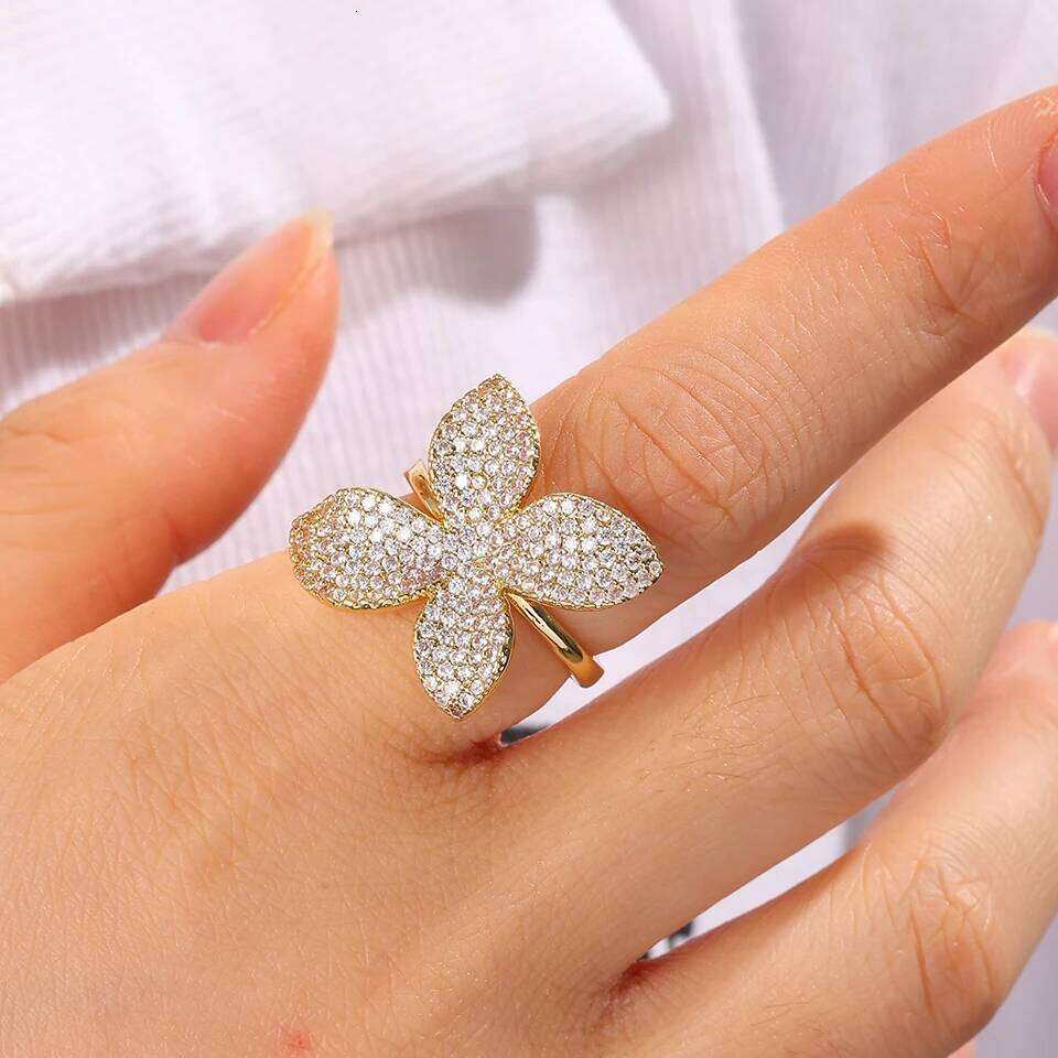 ZAKOL Luxury AAA Cubic Zirconia Leaf Flower Adjustable Open Rings Shiny Crystal CZ Engagement Wedding Jewelry for Women