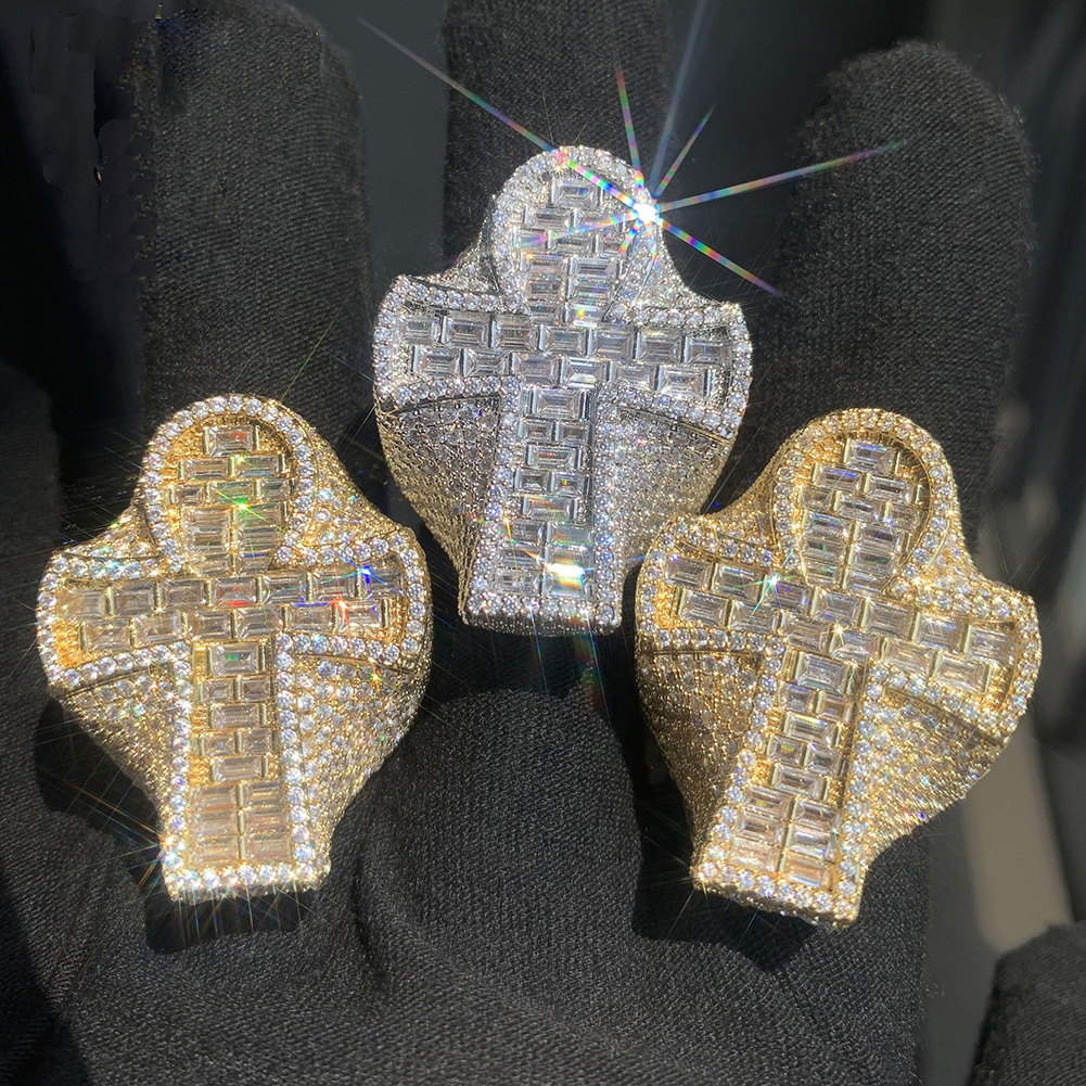 Hip Hop Casting Cross Ring With Side Stones Real Gold Plated TopBling 5A Cubic Zircon Religious Jewelry