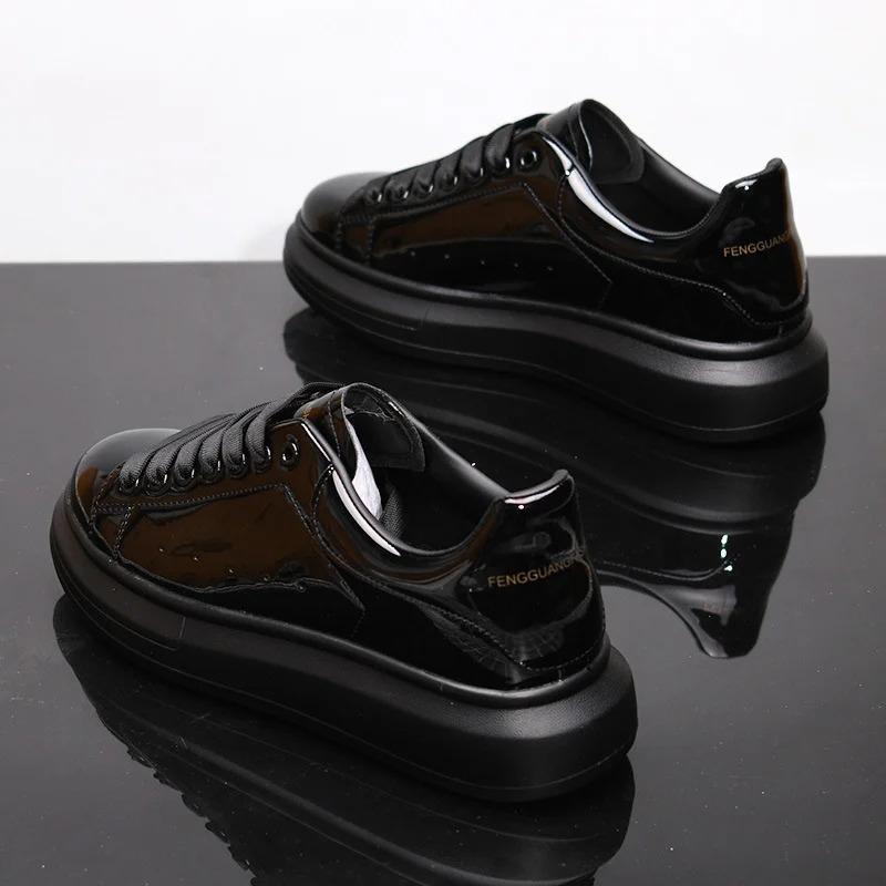 2026 Trendy Men's Shoes, Autumn New Glossy Black Casual Leather Shoes, Spring Fall Fashion Sneakers