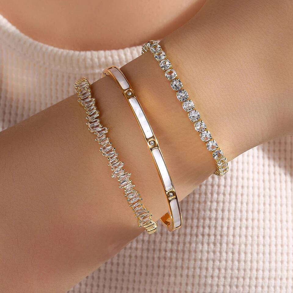 ZAKOL Three Pieces Copper Stainless Steel Stackable Bracelet Bangles for Women Shiny Geometric Zircon Wedding Party Jewelry