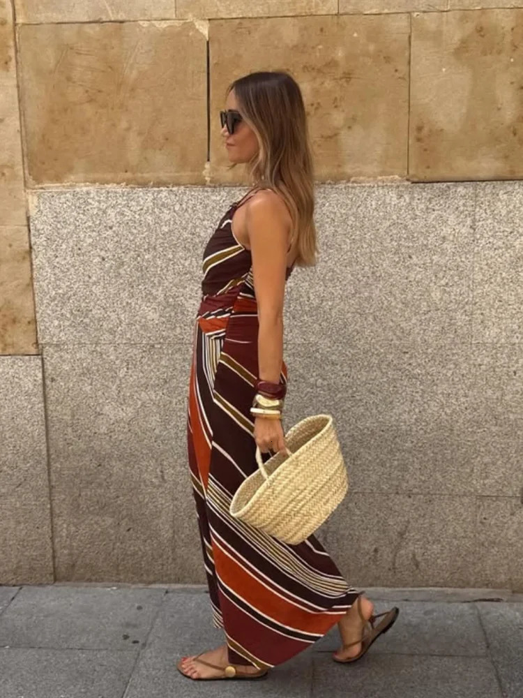 Women Stripe Printed Maxi Dress Sexy Single Shoulder Sleeveless Off-shoulder Long Dresses 2025 Lady Chic Holiday Summer Gown 251226