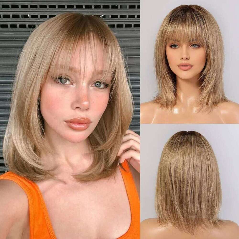 Ombre Ash Blonde Bob Remy Human Short Straight Natural Layered Hair Wig for Women Daily Machine Made 12 inch