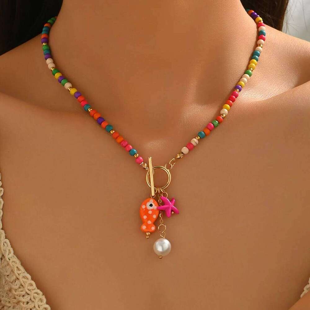 ZAKOL Bohemian Sea-Inspired Ceramic Fish & Starfish Pendant Necklace Dopamine Rainbow Color Beads Necklaces Beach Jewelry