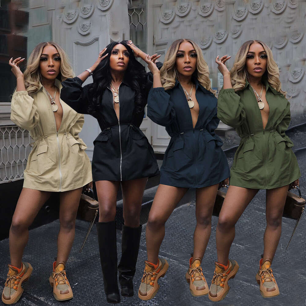 European American Spring and Autumn Drawstring Waist Mid-Length Trench Coat Women's Fashion Loose Casual Workwear Dress