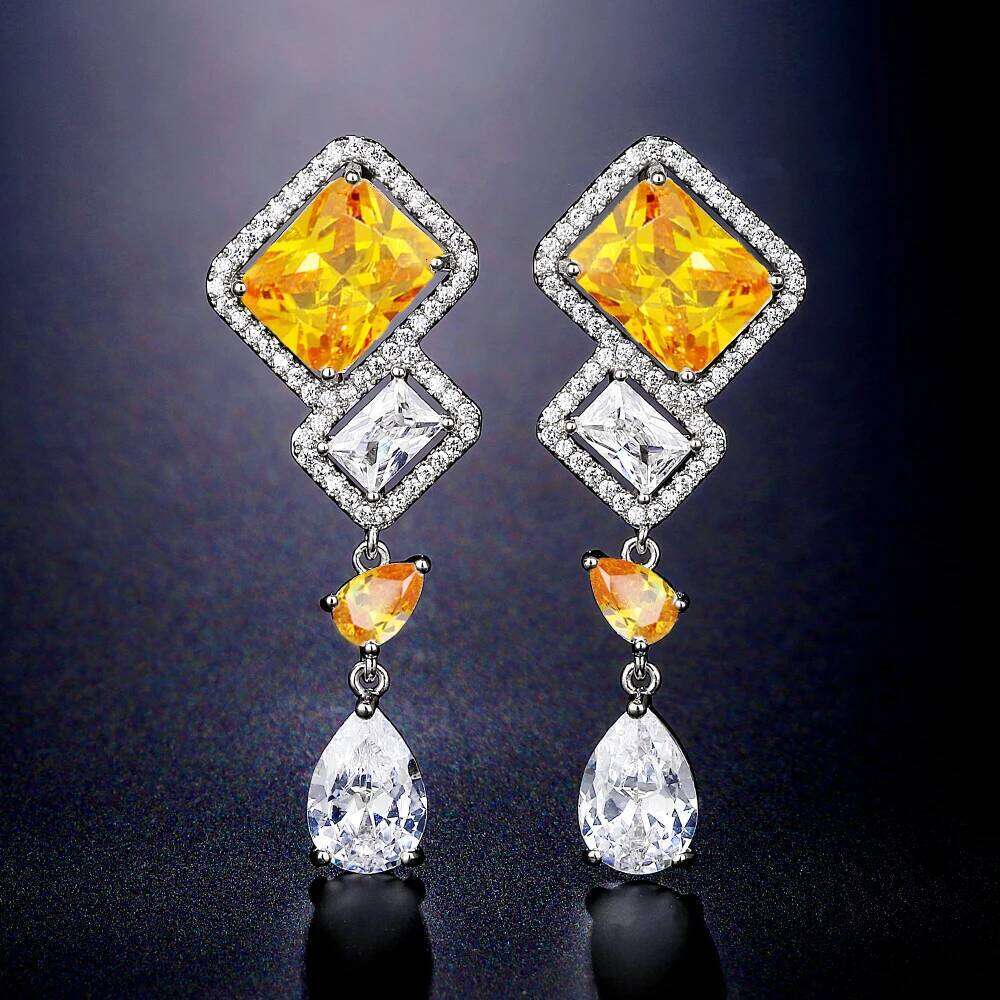ZAKOL Luxury Shiny Bling AAA Yellow Zircon Dangle Earrings Elegant Square Cubic Zirconia Big CZ Wedding Party Jewelry