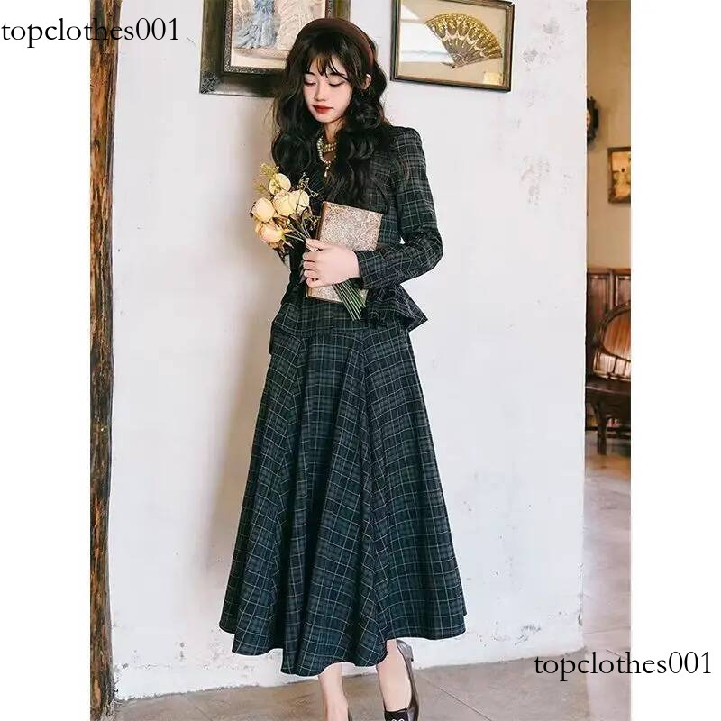 Insozkdg Autumn New British Retro Plaid Waist Slimming Short Suit Coat A-line Long Skirt Two Piece Set Women Outfits