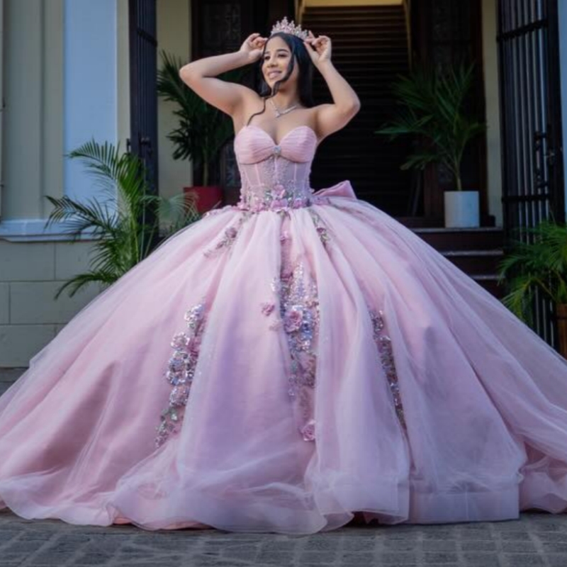 Pink Shiny Quinceanera Dresses Ball Gown Off The Shoulder Applique Flower Beading Crystal Corset Party Birthday Sweet 16 Dres Vestidos 15 Anos