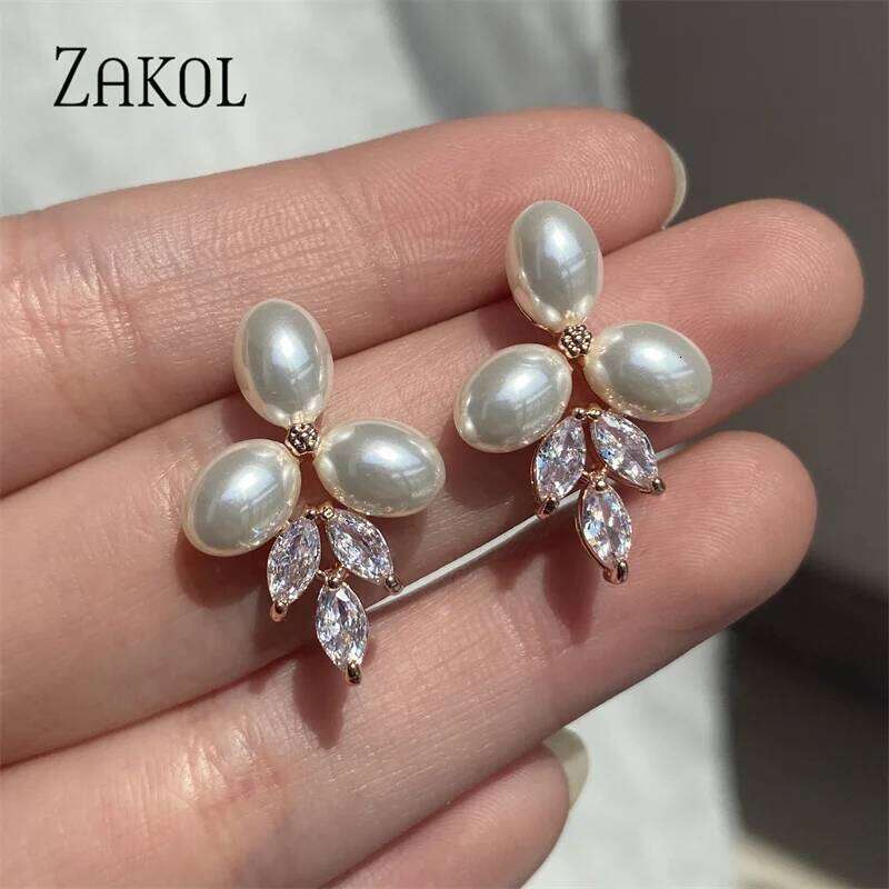 ZAKOL Marquise Oval Imitation Pearl Leaf Stud Earrings for Women Shiny Gorgeous Bridal Wedding Jewelry
