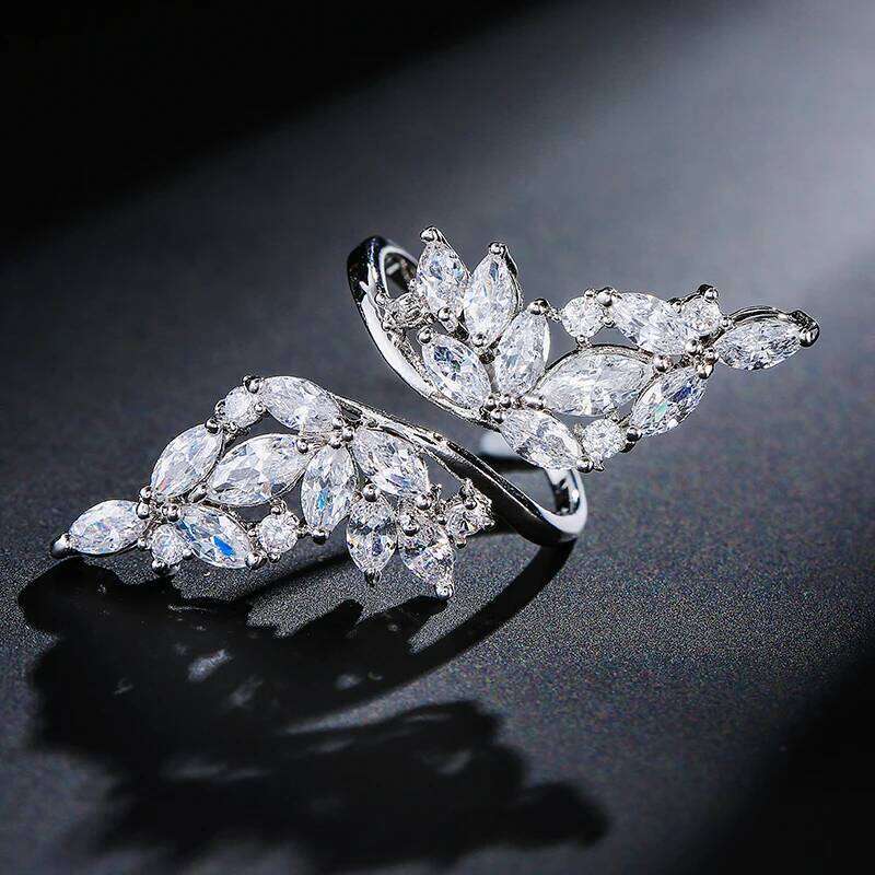 ZAKOL 2 Pcs Fashion AAA Zircon Feather Open Sharp for Women Aesthetic Clear Crystal Engagement Proposal Ring Jewelry Gift