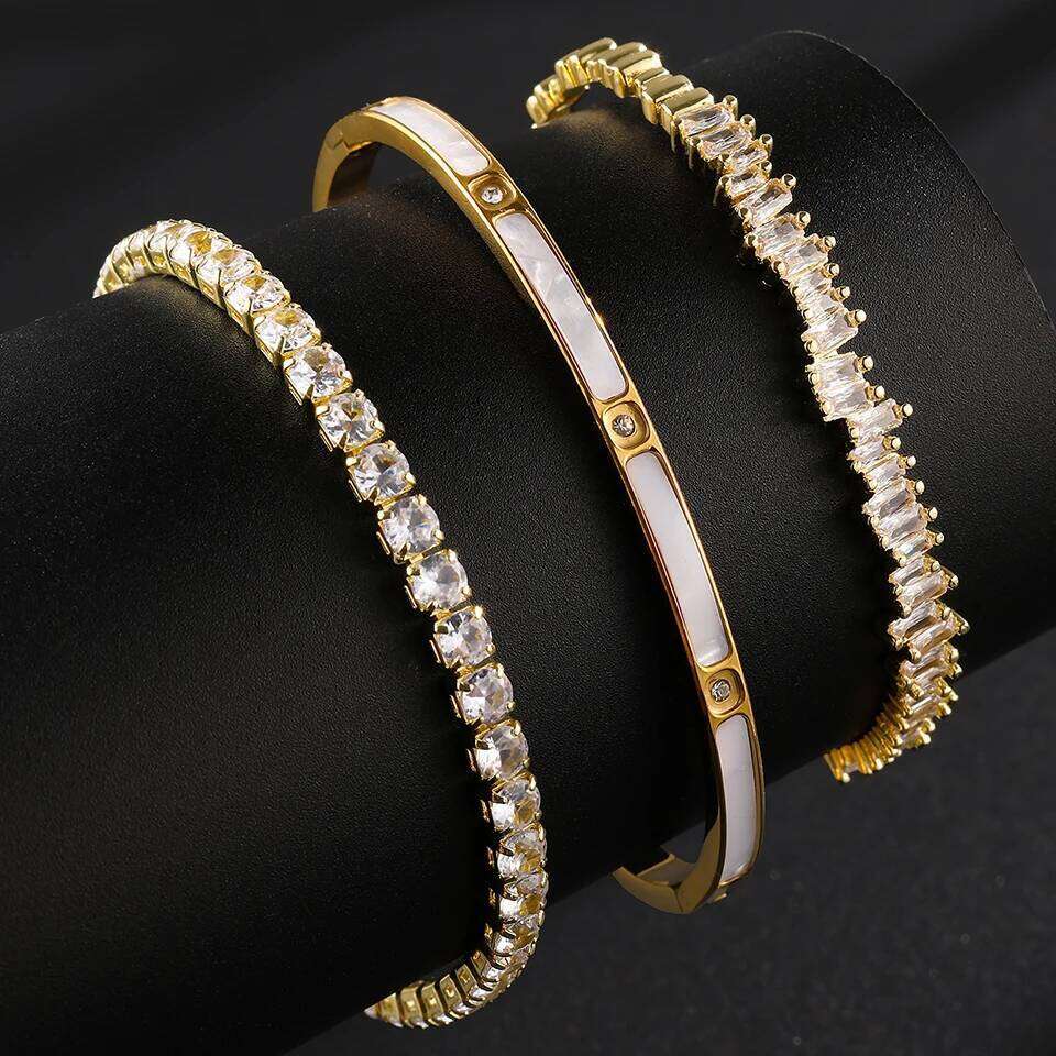 ZAKOL Three Pieces Copper Stainless Steel Stackable Bracelet Bangles for Women Shiny Geometric Zircon Wedding Party Jewelry