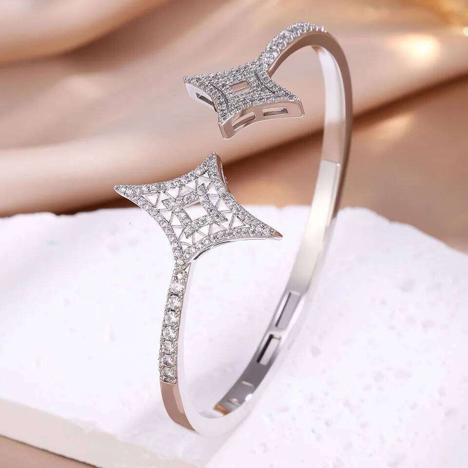 ZAKOL Four-Pointed Star Adjustable Open Bracelet Elegant Statement Sparkling Zirconia Jewelry for Women Wedding Party