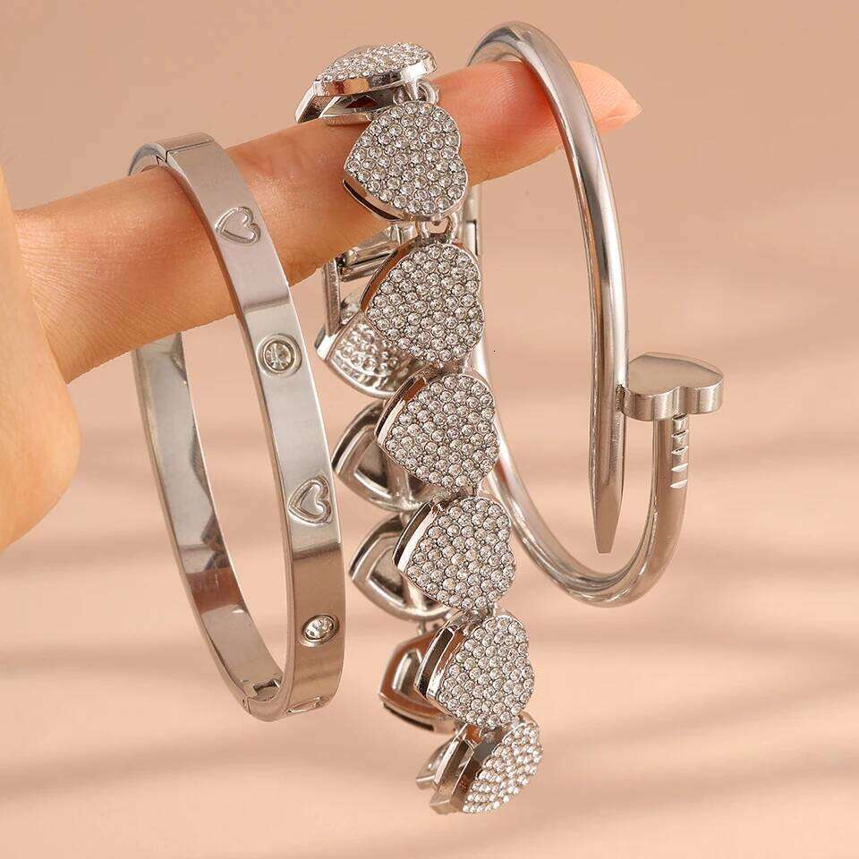 ZAKOL 3Pcs/Set Pink Rhinestone Hip-hop Bracelet Set Unisex Heart Charm Stainless Steel Stackable Jewelry