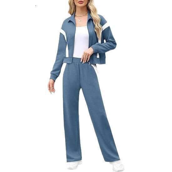 European and American Amazon New Women's Fashion Casual Long Sleeve Striped Patchwork Sports Two-Piece Set