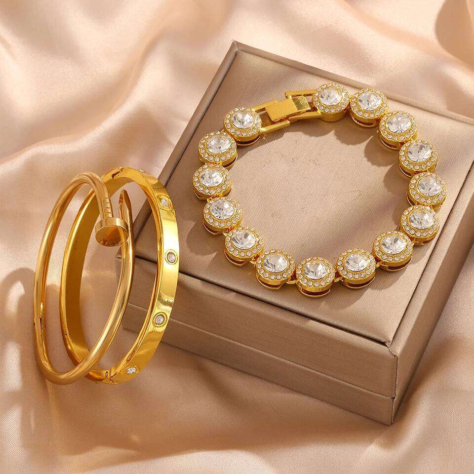 ZAKOL 3-Piece Set Shiny Heart Rhinestone Stainless Steel Bangles Hip Hop Rock Fashion Stackable Bracelet Jewelry