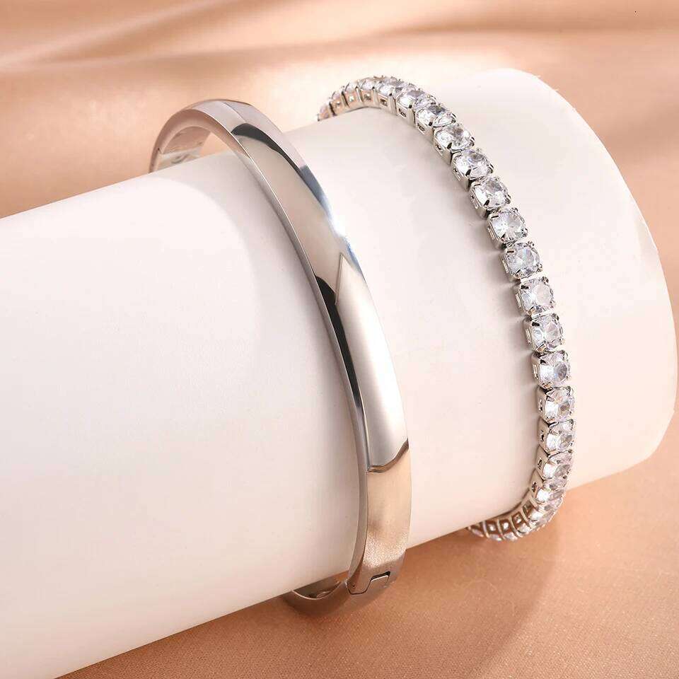 ZAKOL 2Pcs/Set Smooth Stainless Steel Bangle Zircon Tennis Bracelet Set for Women Simple Fashion Daily Jewelry Accessories