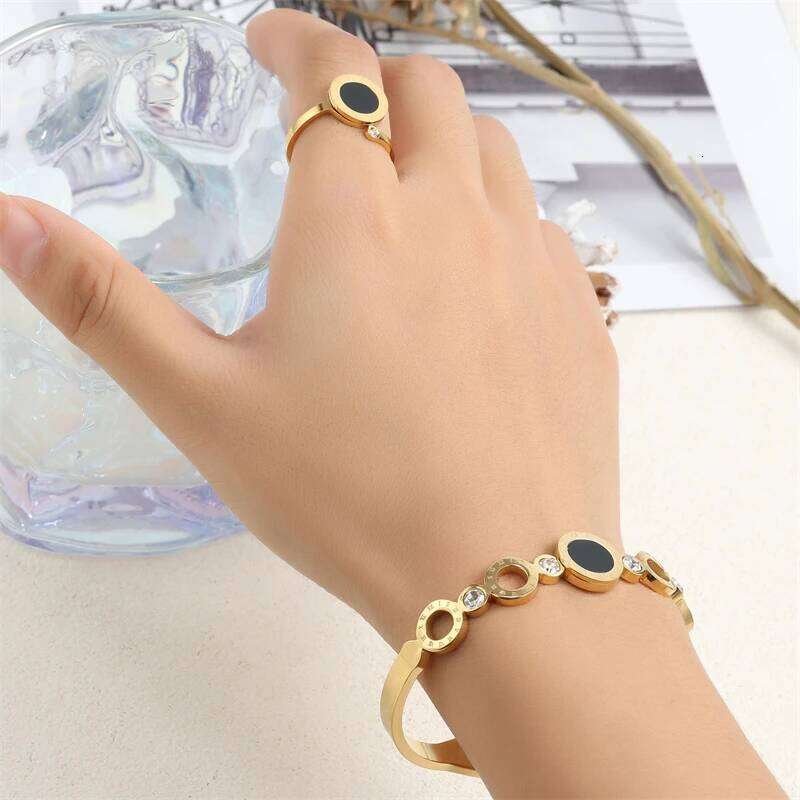 ZAKOL 2 Pcs Fashion Rings For Women Black Acrylic Roman Numeral Stainless Steel Couple Bracelet Jewelry Set Gift