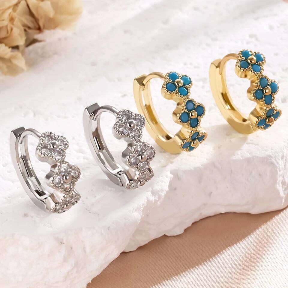 ZAKOL New Turquoise Flower Hoop Earrings for Women Classic Fashion Blue Four-leaf Clover Daily Ear Accessories Jewelry