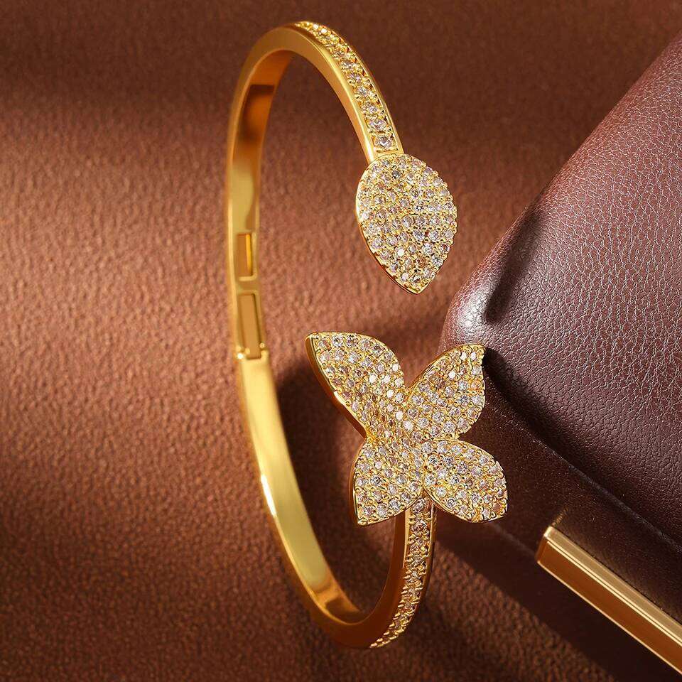 ZAKOL Graceful Leaves Both End of Open Bracelet for Women Elegant Bride Shiny Micro-set Zircon Engagement Wedding Jewelry