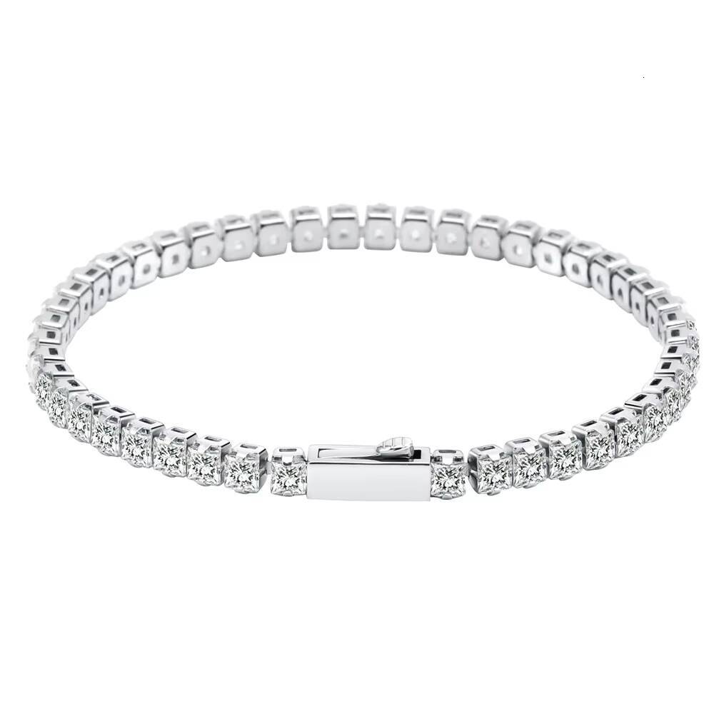 Womens Classic Moissanite Tennis Chain Link Bracelet 4mm Double-Sided Clasp Third Party Sterling Silver Plated Brilliant Cut