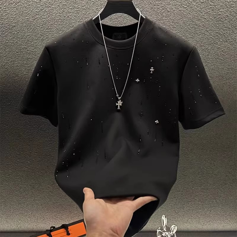 Free Shipping 2026 Summer Meteorite Full Rhinestone Men Round Neck Short Sleeve Trendy Light Luxury Fashion T Shirt Black White Red