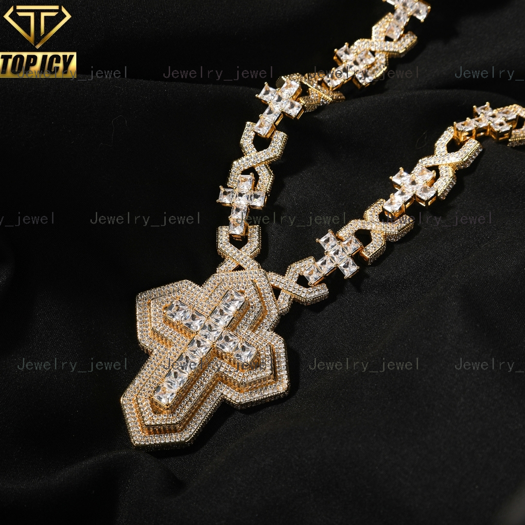 Iced Out Moissanite Stones Hip Hop Style Jewelry for Men Fashion Neckwear 18K Gold Plated S925 Cuban Link Chain Cross Pendant Necklace