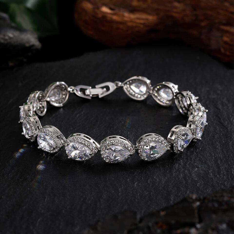ZAKOL Luxury Geometric Water Drop Zirconia Bracelets for Elegant Women Full Crystal Charm Bracelet Bridal Wedding Jewelry