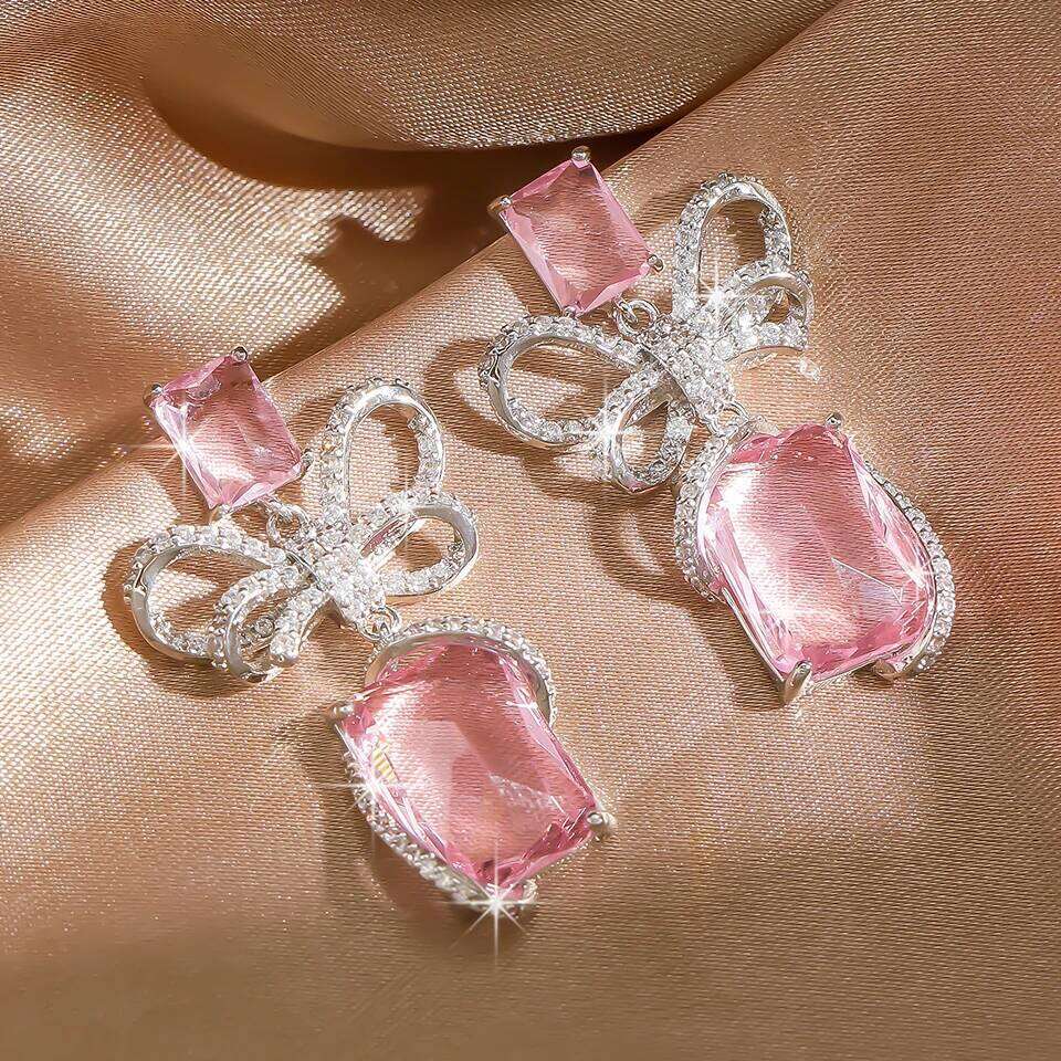 ZAKOL Exquisite Handmade Inlaid Zircon Bow Butterfly Dangle Earrings for Women Big Pink Blue Crystal CZ Wedding Party Jewelry