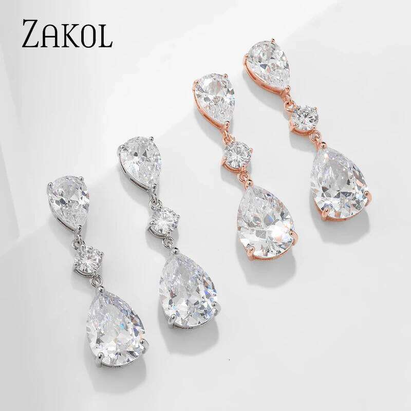 ZAKOL Shinny Zircon Teardrop Dangle Earring for Women Fashion White Gold Color Bridal Earrings Wedding Jewelry