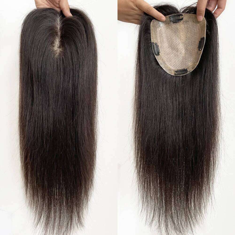 Base Human with 4 Clips and PU Around Virgin European Hair Silk Top Women Topper Fine Hairpiece 12X13CM 15X16CM