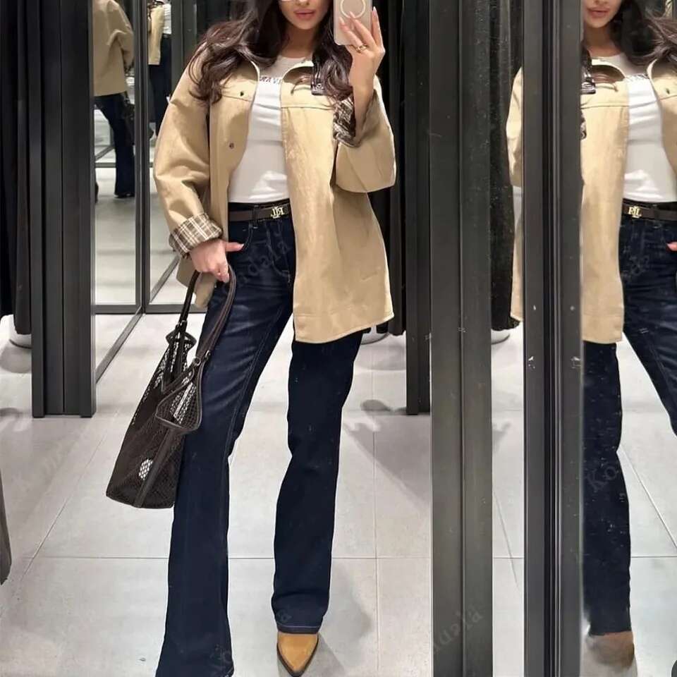 Women Casual Loose Contrast Plaid Inside Stand Collar Jacket 2026 Designer Fashion New Autumn Fashion High Street Coat