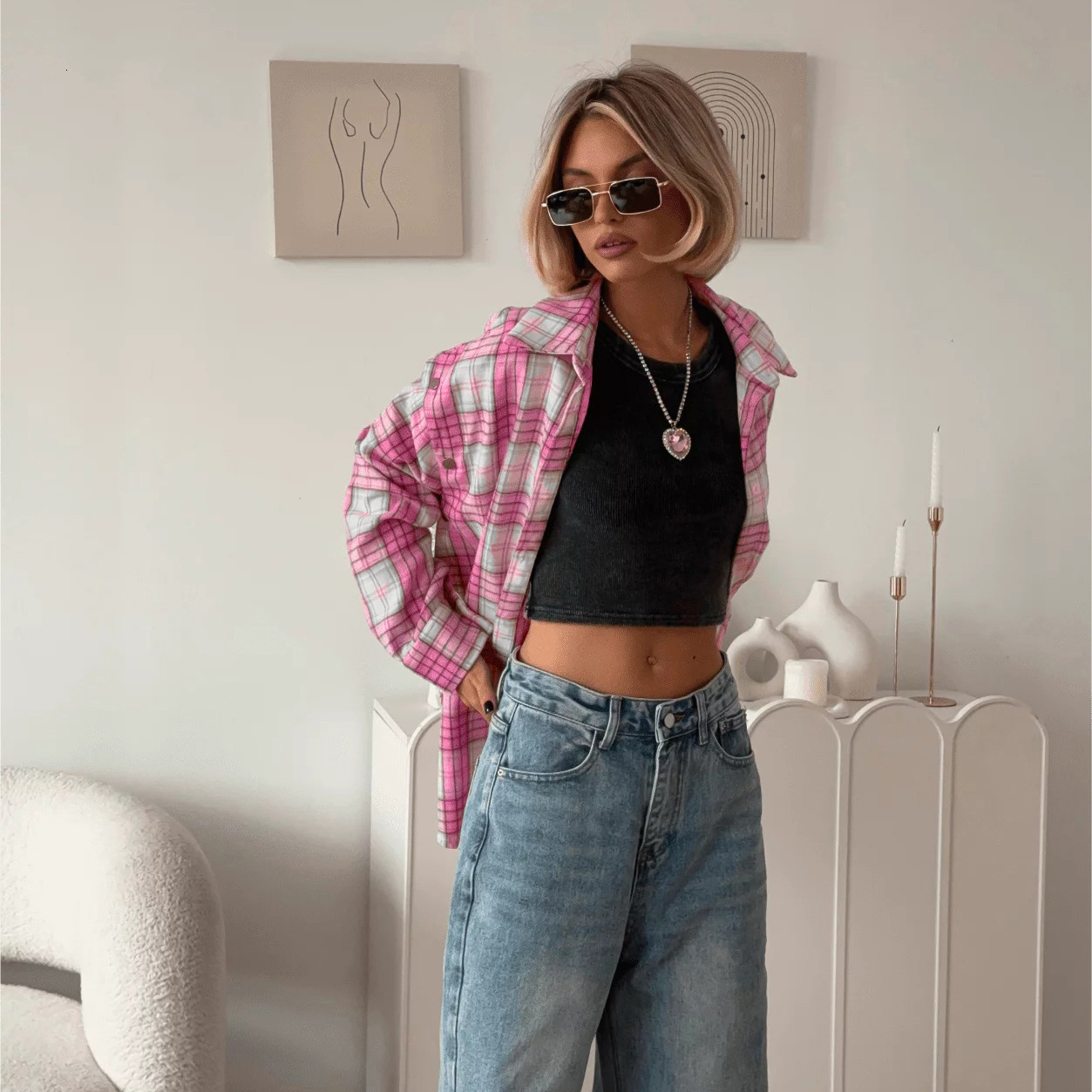 Pink Plaid Shirt for Women, New European and free shipping American Style, Versatile Loose Shirt, Detachable Long Sleeve, Turn-down Collar, Outerwear 