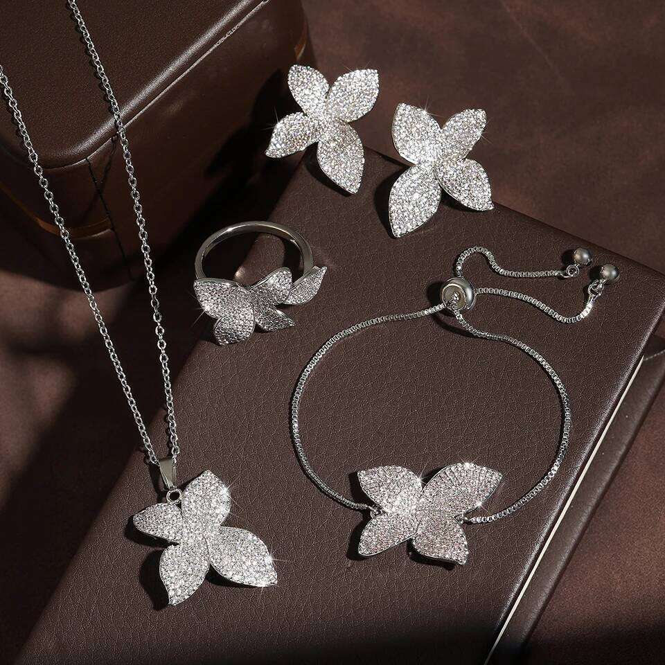 ZAKOL Luxury Micro Pave Setting Cubic Zirconia Leaf Earrings Ring Bracelet Necklace Gorgeous Dubai Jewelry Set For Dinner Party