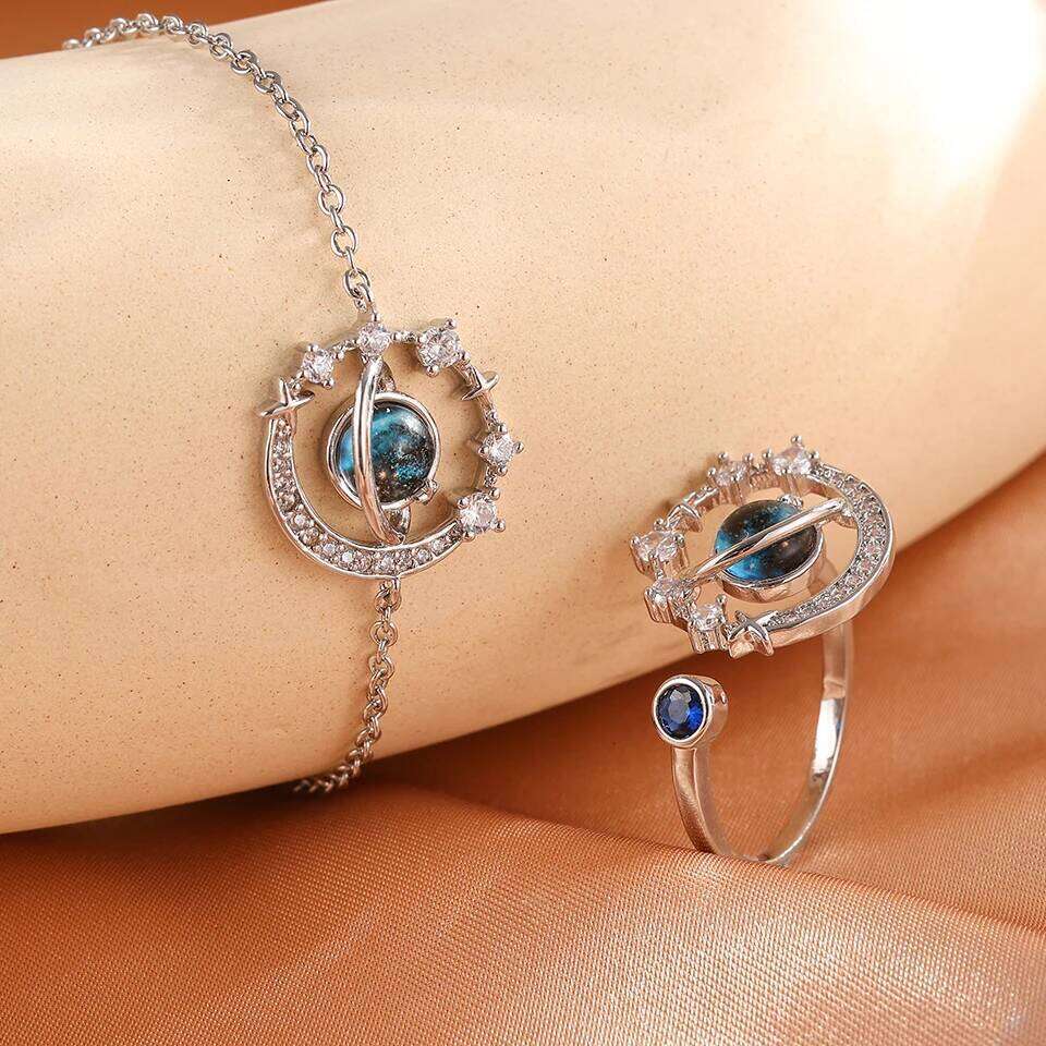 ZAKOL Two-piece Blue Space Planet Moon Titanium Steel Bracelet Ring Set for Women Exquisite Shiny Zircon Party Jewelry