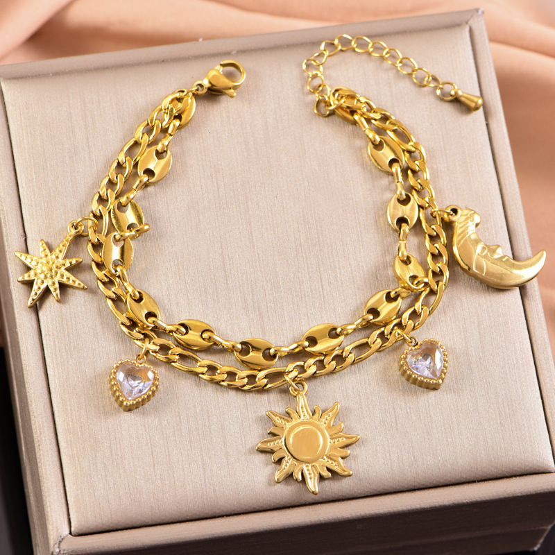 Luxury Brand Designer Jewelry Neutral Style Titanium Steel Bracelet With Bowknot, Star And Moon, Heart, Inlaid With Diamonds, Double Layer Stacked Pig