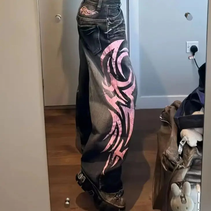 Y2K American Vintage Mottled Totem Print Baggy Jeans Womens High Waist Wide Leg Jeans Womens Harajuku Trendy Hip-hop Jeans 251217