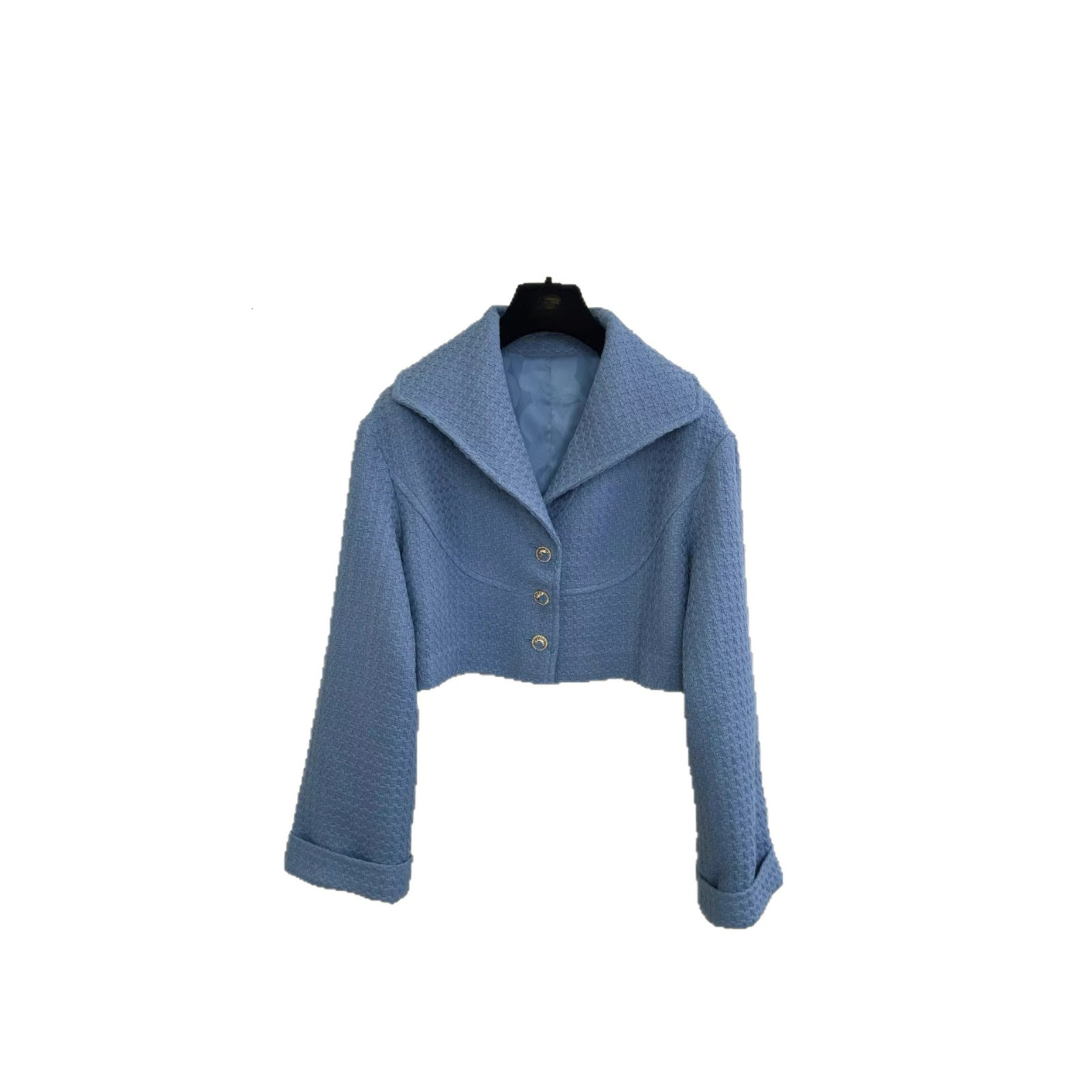 2024 Spring New European And American Textured Padded Shoulder Long Sleeve Style Coarse Woven Round Neck Coat Top